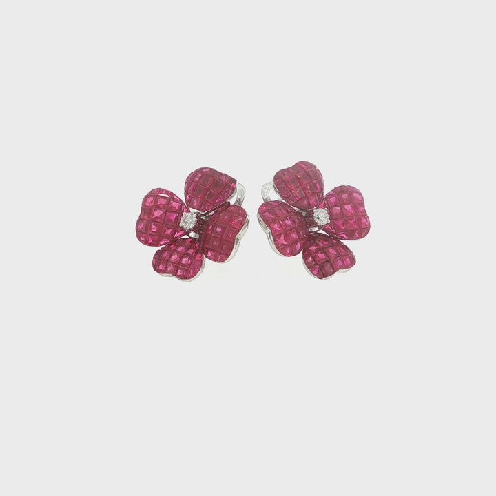 18K White Gold 0.20 CT Diamonds &amp; Invisible 14.13 CT Ruby Flower Earring »E3233