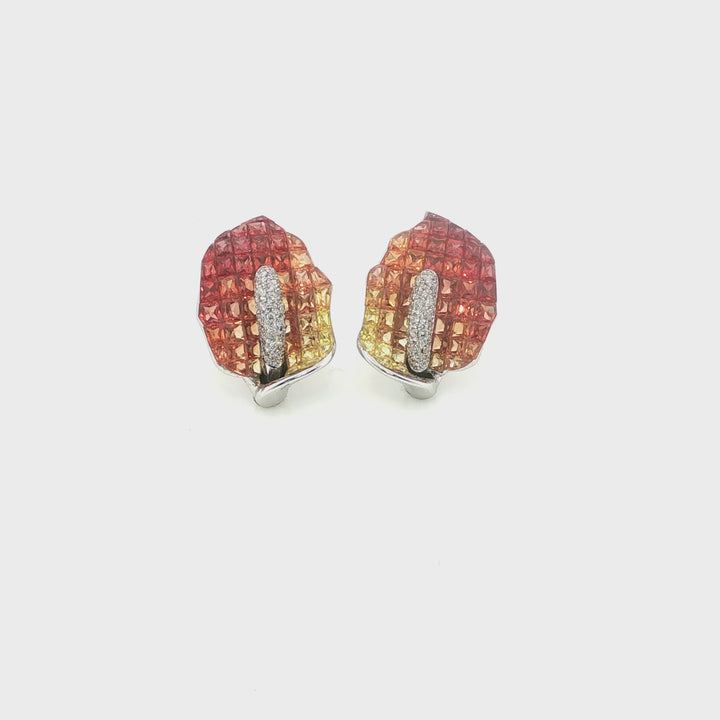18K Gold 0.09 CT Diamonds &amp; Invisible Set 12.6 CT Orange Sapphire Earring »E3237
