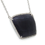 Rose Cut Sliced 28 CT Blue Sapphire 0.43 CT Diamonds 14K White Gold Necklace