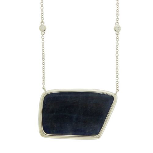 Rose Cut Sliced 28 CT Blue Sapphire 0.43 CT Diamonds 14K White Gold Necklace