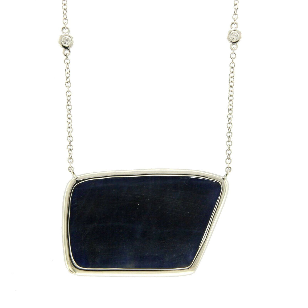Rose Cut Sliced 28 CT Blue Sapphire 0.43 CT Diamonds 14K White Gold Necklace