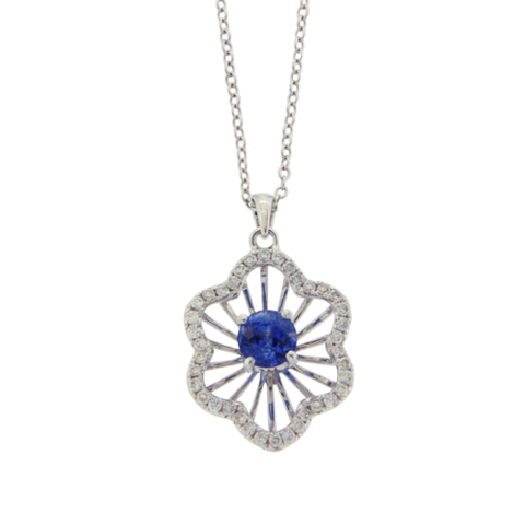 Flower 0.81 CT Blue Sapphire 0.33 CT Diamonds 14K White Gold Necklace
