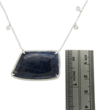 Rose Cut Sliced 26 CT Blue Sapphire 0.58 CT Diamonds 14K White Gold Necklace