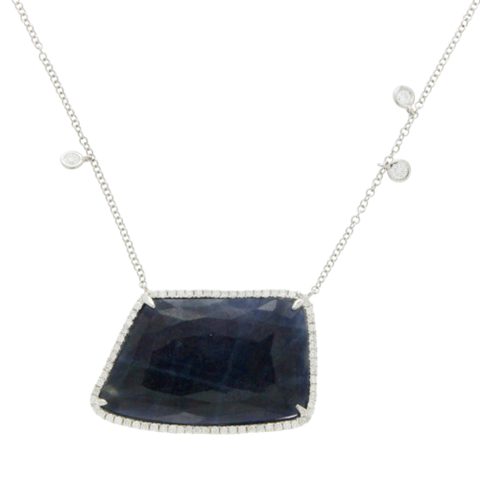 Rose Cut Sliced 26 CT Blue Sapphire 0.58 CT Diamonds 14K White Gold Necklace