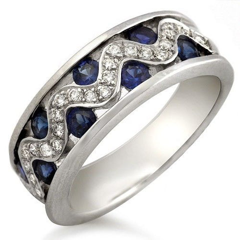 18K White Gold 0.26 CT Diamonds & 1.20 CT Blue Sapphire Wedding Band Ring »BL115