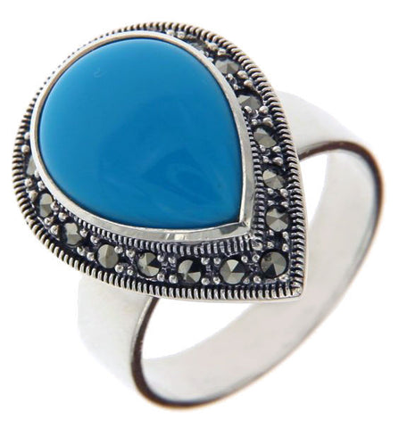 925 Sterling Silver Teardrop TURQUOISE and MARCASITE Ring Size 9.5 »R322