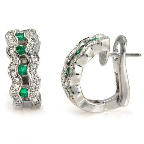 0.80 CT Natural Emerald & 0.82 CT Diamonds in 18K White Gold Huggie Earrings