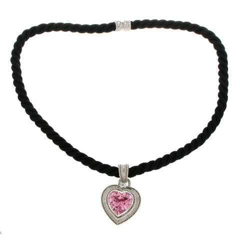JUDITH RIPKA 925 Sterling Silver Pink Quartz & CZ with Black Cord  Necklace »B1