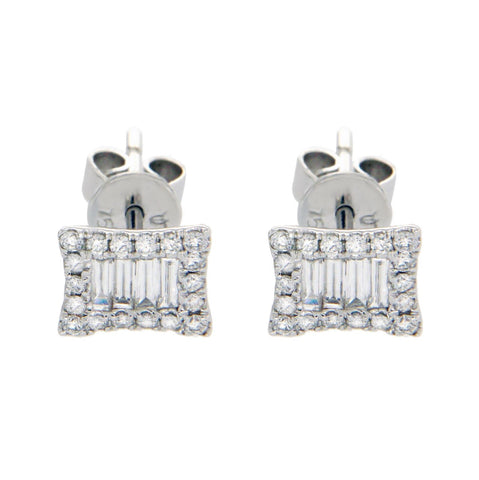 18K Solid White Gold 0.51 Ct Baguette & Round Diamonds Stud Earrings »N110
