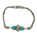 ▌925 Sterling Silver Marcasite Turquoise Flower Tow Row Bracelet Size 7"» B219