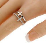 ▌925 Sterling Silver Double Plain&White CZ Sideways CROSS Ring Size 4 to 10 »R81