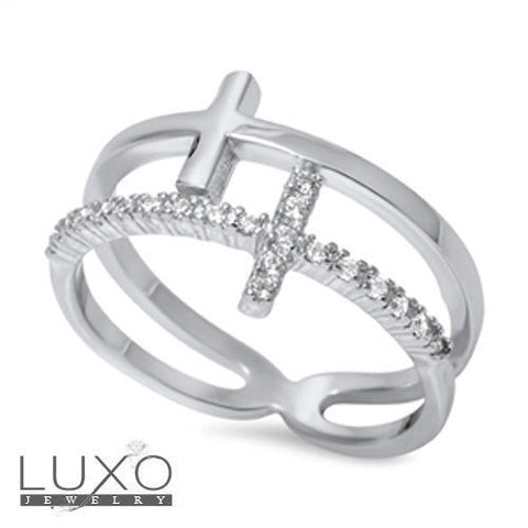 ▌925 Sterling Silver Double Plain&White CZ Sideways CROSS Ring Size 4 to 10 »R81