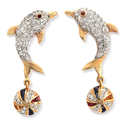 18K Yellow Gold 1.10 CT Round Pave Diamonds Dolphin & Ball Dangle Earrings