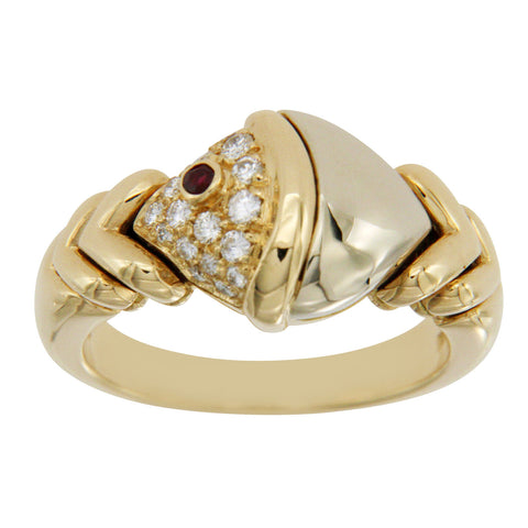 Buglari Bvlgari Naturalia Diamonds & Ruby 18k Two Tone Gold Fish Ring Size 5.75