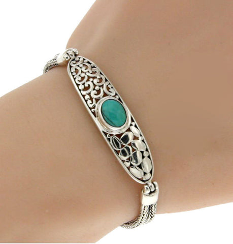 ▌925 Sterling Silver Turquoise Bali Tow Row Chain Bracelet Size 6 1/2" » B216