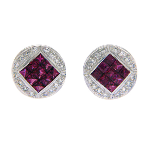 1.10 CT Natural Ruby & 0.20 CT Diamonds in 18K White Gold Stud Earrings