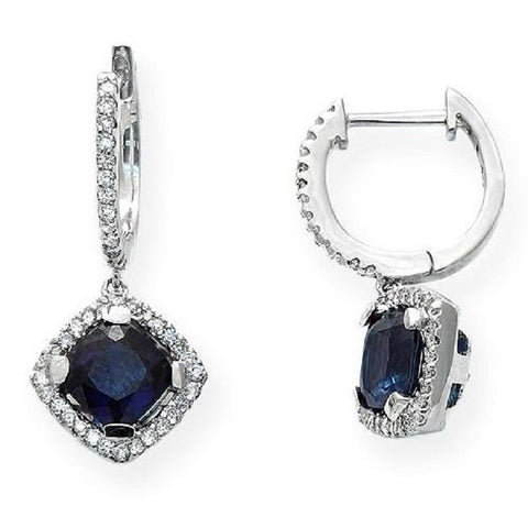 1.90 CT Natural Blue Sapphire & 0.50 CT Diamonds in 18K White Gold Earrings