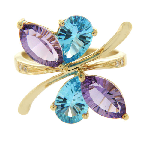 0.60 CT Amethyst & 0.54 CT Blue Topaz Diamonds in 14K Yellow Gold Butterfly Ring