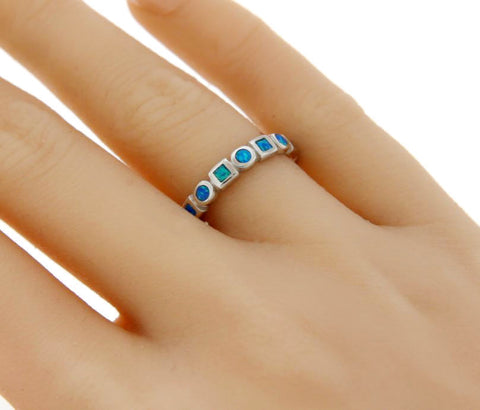 ▌925 Sterling Silver Blue Opal Eternity Band Ring Size 5,6,7,8,9,10 »R12/10