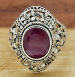 Women's Solid Sterling Silver Ruby Flower Die-Cut Bali Ring»R316 ANTIQUE DESIGN!