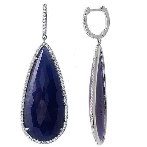 Rose Cut Sliced 49CT Blue Sapphire 1.0 CT Diamonds 14K Gold Drop Earrings »NP122