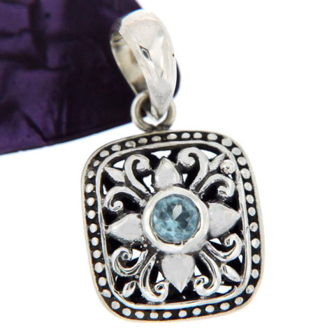 ¦Solid Sterling Silver Bali Cluster Cut-Out Blue Topaz Pendant » P410