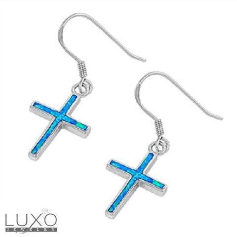 ¦925 Sterling Silver Blue Opal Cross Dangle Earring NEW!!» E321