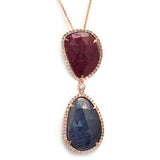 Sliced 14.97 CT Blue Sapphire & Ruby 0.48 CT Diamonds 14K Rose Gold Necklace 16"