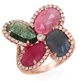 Four Leaf Rose Cut Multicolor Sapphires & Diamonds 14K rose Gold Ring Size 6.5