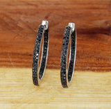 925 sterling Silver All Around Inside Black 0.75 CT Diamond Hoop Earring»E221