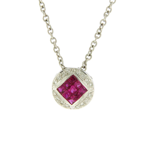 0.68 CT Natural Ruby & 0.10 CT Diamonds in 14K White Gold Round Necklace 16"
