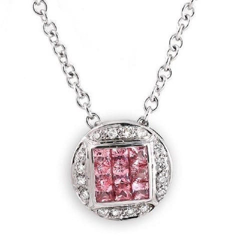 0.68 CT Natural Pink Sapphire & 0.10 CT Diamonds in 14K Gold Round Necklace 16"
