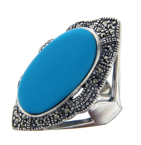 925 Sterling Silver Oval TURQUOISE and MARCASITE Ring Size 7.5 »R321
