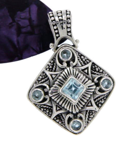 ¦925 Sterling Silver Bali Art Blue Topaz Pendant VINTAGE DESIGN!  » P48