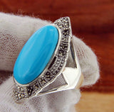 925 Sterling Silver Oval TURQUOISE and MARCASITE Ring Size 7.5 »R321