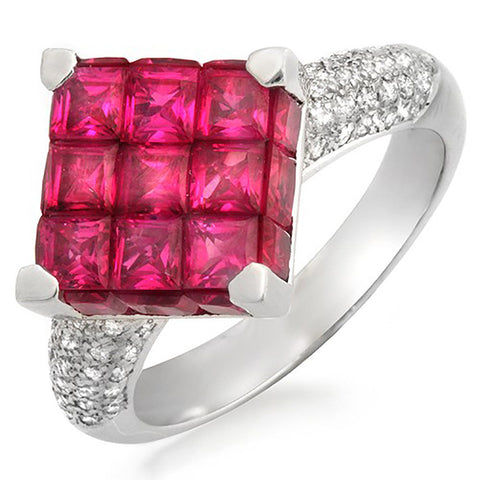 18K White Gold 0.45 CT Diamonds & Invisible 5.05 CT Ruby Square Ring »R1056