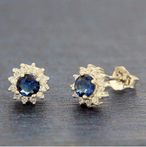 ▌ 925 Sterling Silver Round White & Sapphire Blue CZ 6.5 MM Stud Earring »E318