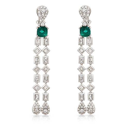 1.57 CT Natural Emerald & 3.95 CT Diamonds in 18K White Gold Drop Earrings