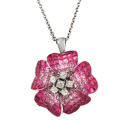 14K Gold 0.37 CT Diamonds 18.20 CT Invisible Set Pink Sapphire Flower Necklace 1