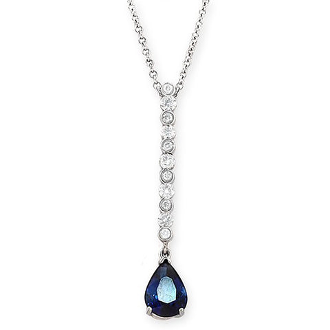 0.49 CT Diamonds 2.39 CT Blue Sapphire 14K White Gold Drop Necklace 18"