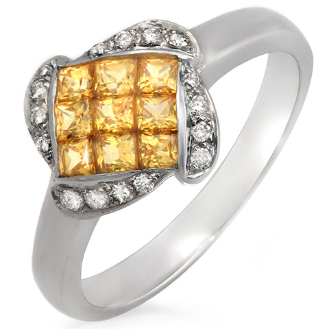 0.12 CT Round Diamonds & 1.02 Yellow Sapphire 18K White Gold Flower Ring