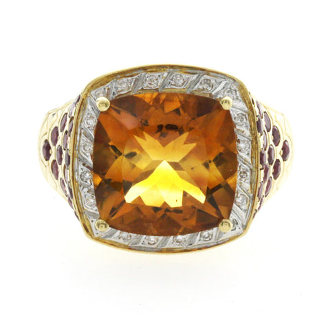 18K Yellow Gold 7.15 CT Citrine & Ruby With Diamonds Engagement Ring