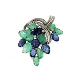 Emerald & Blue Sapphire With Diamond in 14K White Gold Floral Pin Brooch
