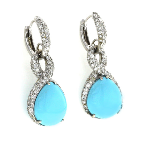 12.24 CT Natural Turquoise & 1.10 CT Diamonds in 18K White Gold Drop Earrings
