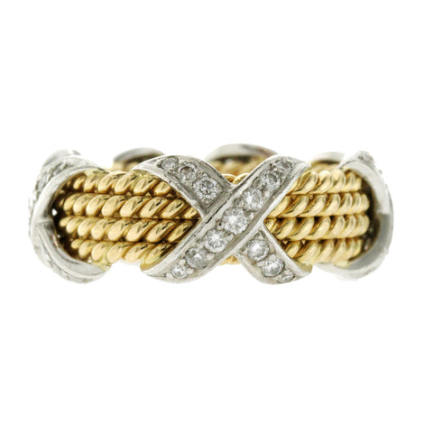 Tiffany & Co. 18K Gold Platinum Diamonds Schlumberger 4 Row X Ring Size 6 »U312