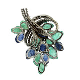Emerald & Blue Sapphire With Diamond in 14K White Gold Floral Pin Brooch